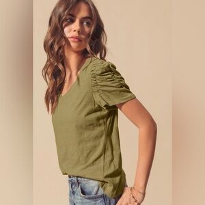 SO ME Olive V-Neck Slub Knit Top with Shirred Puff Sleeves